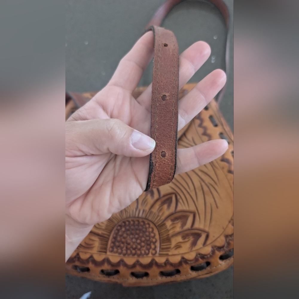 Sunflower Embossed Tan Leather Crossbody Bag Unique Personalized Leather Bag - Picture 12 of 14